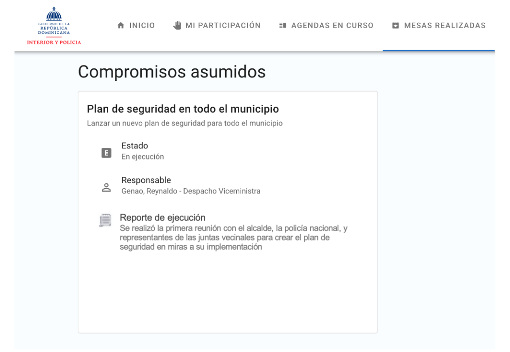 Visualización del flujo de compromisos acordados entre gobierno y representantes comunitarios.